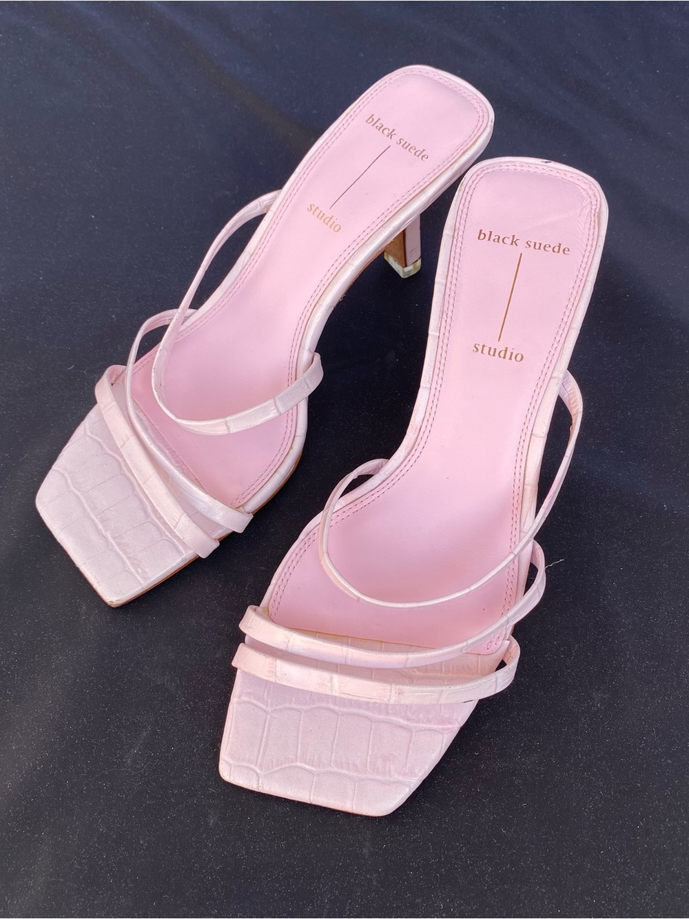 Black Suede Studio Pink Croc-Texture Strappy Heel Sandals